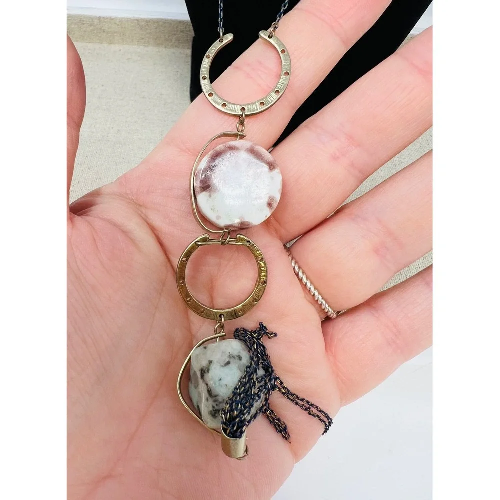 Oliver Bonas Mixed Stone and Tassel Long Pendant Necklace Gold Blue Pink